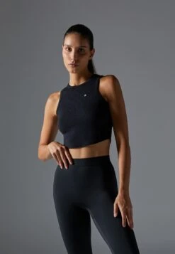 CROPPED SLEEVELESS TOP WITH CURVED HEM - Top - Black