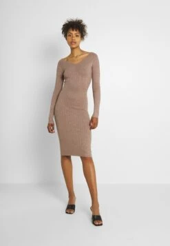 Even&Odd V Ausschnitt Ripp Mini Strickkleid - Etui-Jurk - Taupe